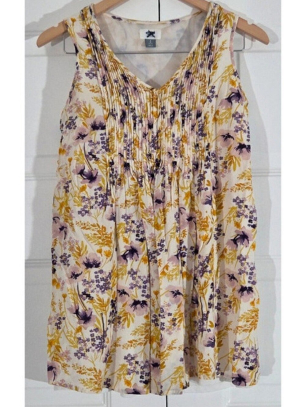 Floral Pleated Sleeveless Tank Top - Cream with Yellow & Purple -